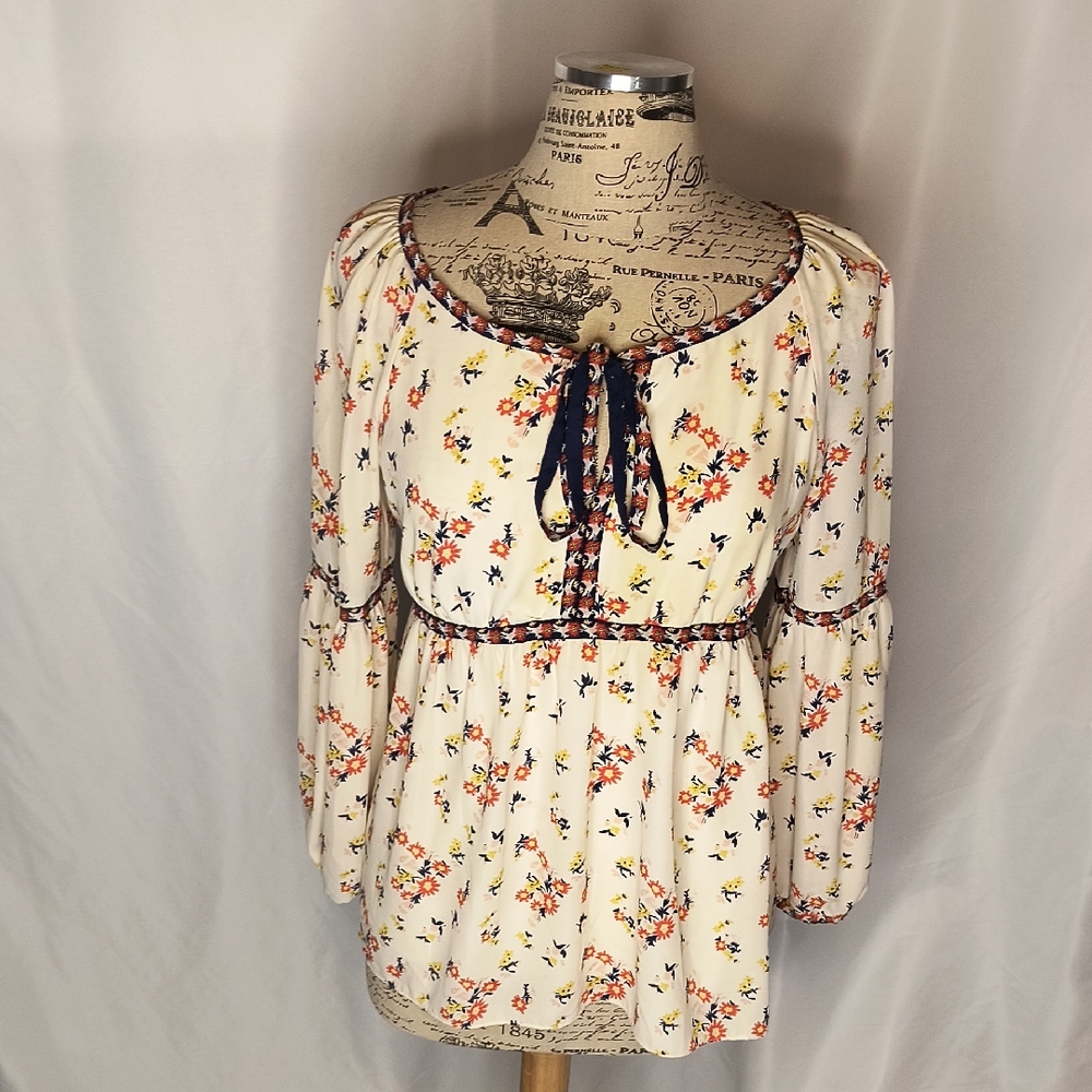 Sophie Max Hippie Boho Cream Floral Blouse with Navy Trim